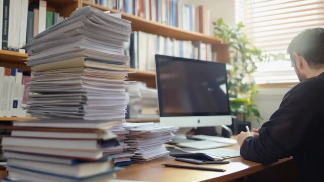 Man working at a desk with high piles of papers. Home office. Possible use for articles on productivity, work-from-home