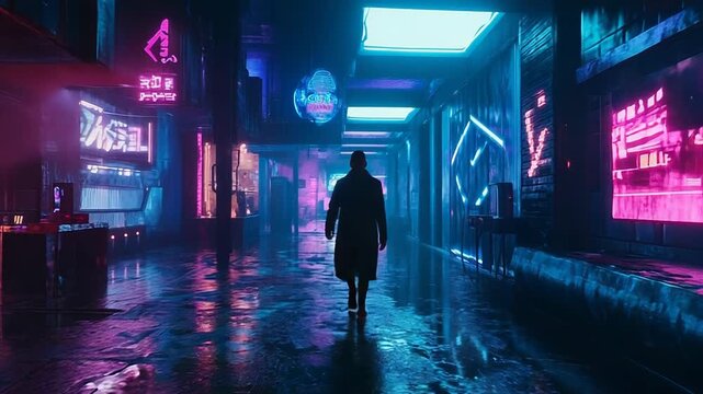 Lone figure walking through futuristic cyberpunk city alley