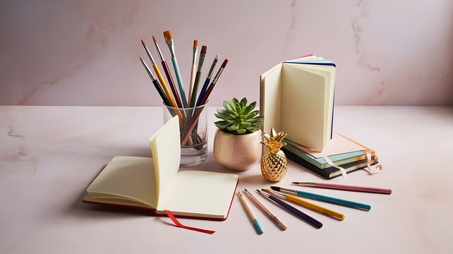 Artistic Workspace with Notebooks Paintbrushes and Succulent for Creative Inspiration