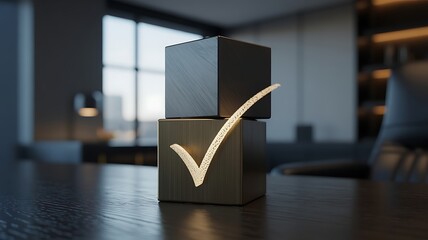 Black cubes stacked with glowing check mark on modern desk concept