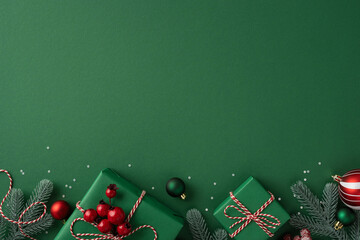 Green holiday backdrop featuring wrapped presents, pine branches, berries and ornaments evokes...
