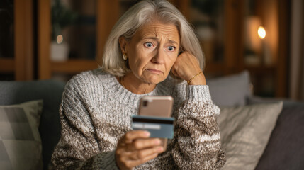 scared elderly woman holding a credit card, using a smartphone to do online shopping on a mobile app