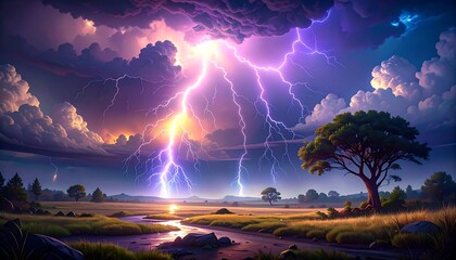 Dramatic lightning storm over a serene landscape