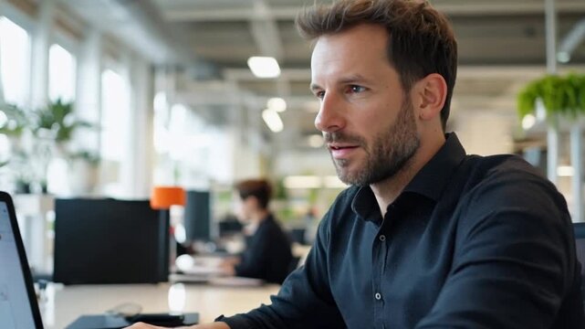 Businessman working on laptop in modern office