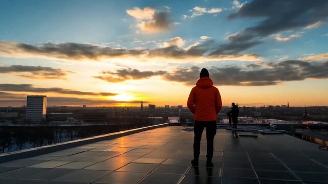 Person on rooftop admiring city sunrise