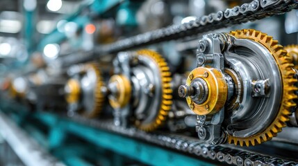Fototapeta premium Industrial Machinery Close-Up with Gears and Chains in a Factory Setting for Manufacturing Processes