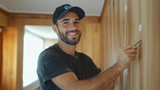 Man inspecting wooden wall paneling. Interior design project