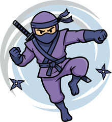 Flying Ninja Kick Vector – Cartoon Purple Ninja with Sword and Shuriken in Dynamic Action Pose Illustration