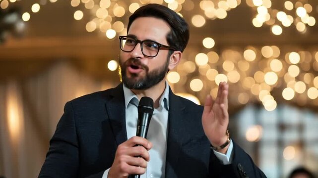 Man speaking at a conference/event with microphone in a party-like environment. Potential use Stock photo for business/presentation/conference related articles