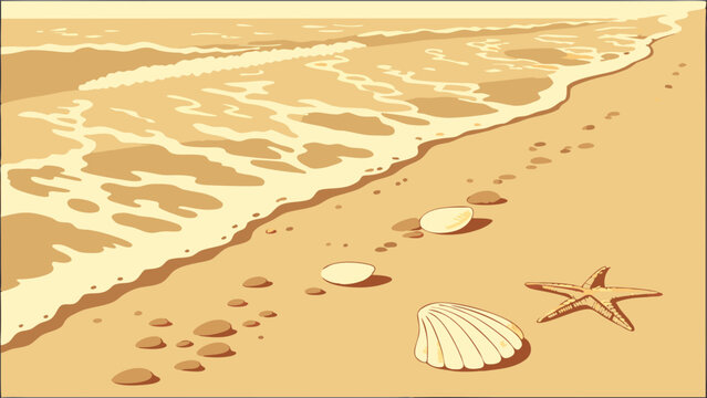 Beach Scene Illustration with Waves Shells and Starfish.