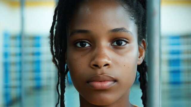 Teenager behind bars, serious look, institutional setting, possible social issue, stock photo