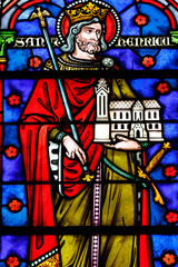 Saint Seine church.  Stained glass. Saint Henry, Duke of Bavaria, became King of Germany in 1002. Corbigny. France.