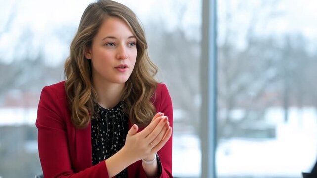 Businesswoman discussing in meeting, modern office, winter view