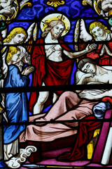 Fototapeta premium Saint Seine church. Stained glass. Jesus and Saint Martin still a catechumen. Corbigny. France.