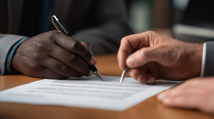 close-up of hands on a table with a young black man and a white businessman working together,