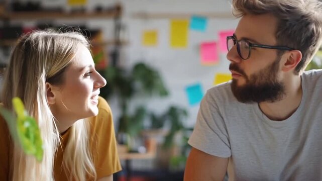 Two colleagues engaging in discussion in a modern office