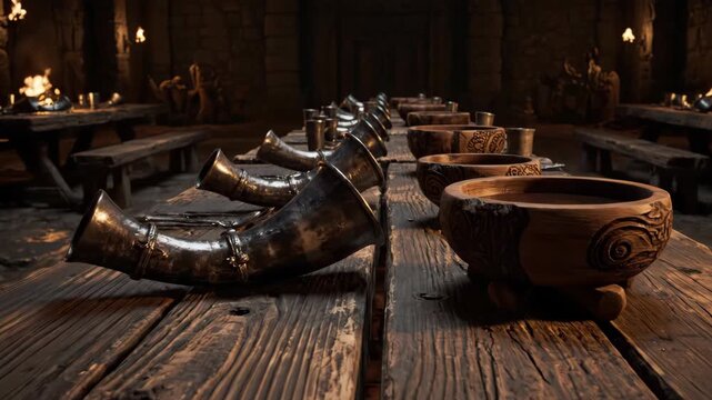 Viking Longhouse Feast Table Horn Cups Wide