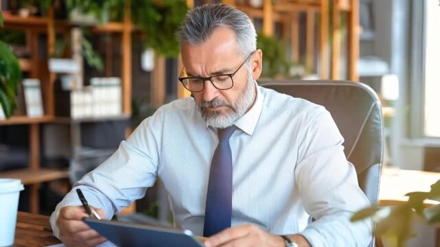 Mature businessman working on tablet in office