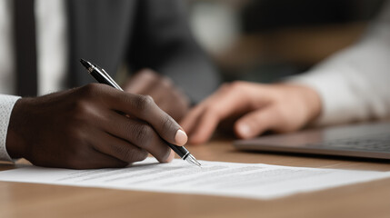 close-up of hands on a table with a young black man and a white businessman working together,
