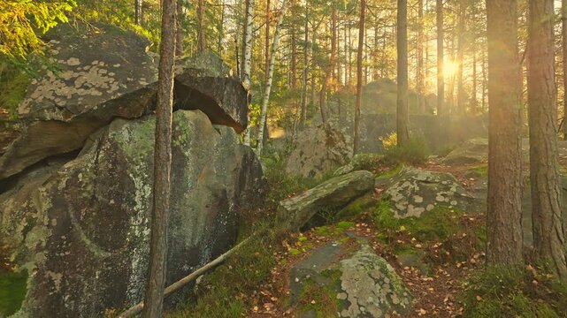 Explore a serene forest with a majestic rock formation and sunset