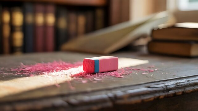 Pink eraser with shavings on weathered wooden desk in sunlight – Great for school supplies marketing, learning concepts, or nostalgic themes. - Powered by Adobe