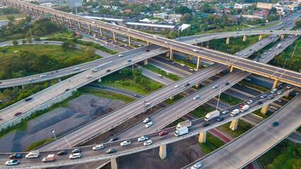 Naklejka premium Aerial view city transport junction road with car truck vehicle