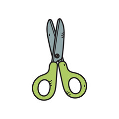 Hand Drawn Illustration of Light Green Scissors With Blue Gray Blades and Black Bolt On Transparent Background © Sari