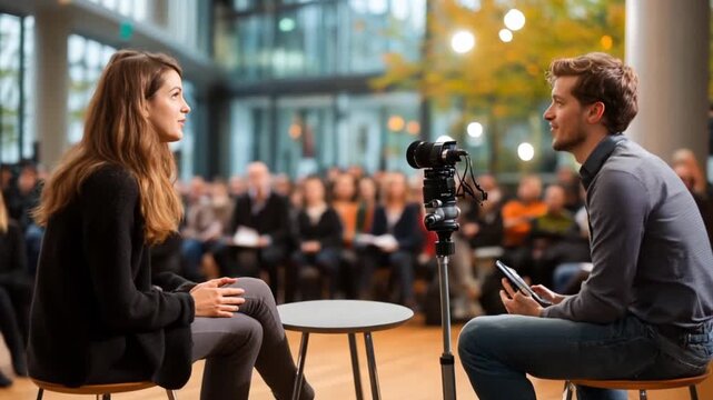 Businesspeople Interviewed in Modern Conference Center