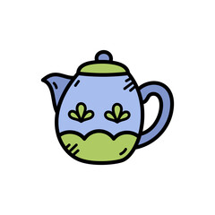 Light Blue And Green Ceramic Teapot With Floral Design On A Transparent Background
