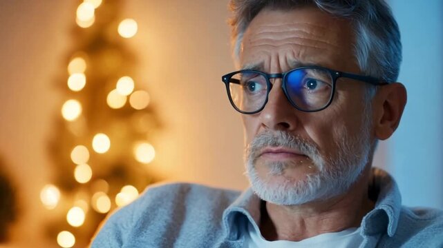 Worried man watching Christmas lights, contemplative expression, home setting, potential for stock photo