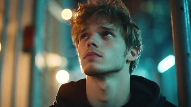 Thoughtful young man at night, city lights in background, portrait, possible use for social media or website