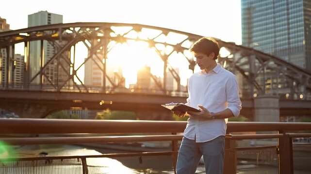 Young man reading clipboard by city bridge at sunset. Potential use Stock photo for business, education, or travel