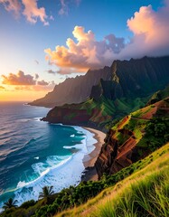 Dramatic sunset over a Hawaiian coastline