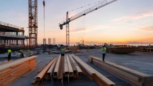 Construction site at sunrise with cranes and workers