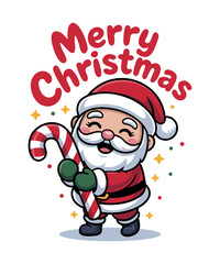 Cute and happy cartoon Santa Claus holding a candy cane, surrounded by decorative elements for a Christmas greeting
