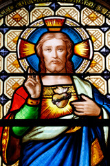 Obraz premium Church of Perrecy les Forges. Stained glass. The Sacred Heart of Jesus. France.