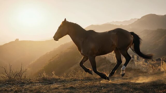 A breathtaking, epic cinematic shot of a horse running on the Great Wall of China at sunrise. A powerful symbol of strength, heritage, and endurance for the new year.