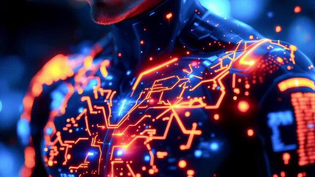 Close-up of a person with glowing neon circuits embedded on their body, futuristic design