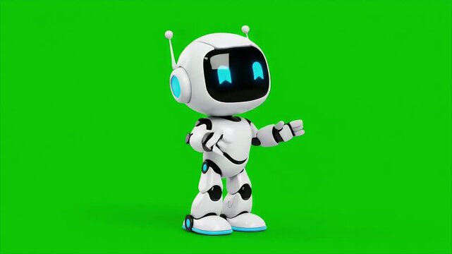 Cute 3D mini robot character animation with dance motion. Green screen background. Perfect looping. Artificial intelligence virtual assistant robot.