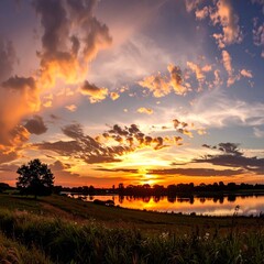 Dramatic sunset over a tranquil lake