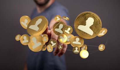 A virtual network of contacts held in hand, ideal for depicting social media management and...