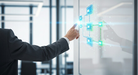 Businessman interacting with a futuristic digital network interface in a modern office.