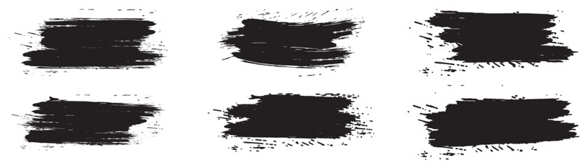 Fototapeta premium Ink brushstroke and paintbrush template with splashes grunge. Vector set black ink brush stroke. Dirty artistic design elements. Grunge splatter, dirt stain, brush with drops blots. Vector ink box.