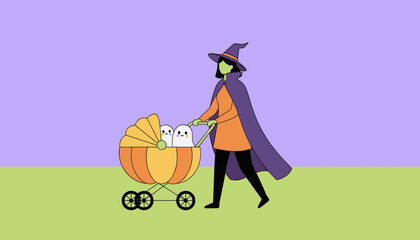 Playful witch pushing a pumpkin stroller with two smiling ghost babies