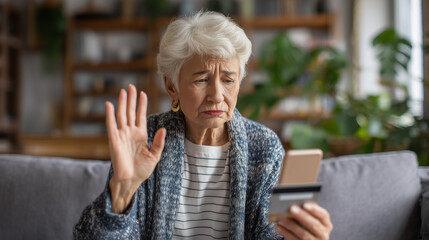 scared elderly woman holding a credit card, using a smartphone to do online shopping on a mobile app