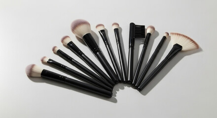Collection of makeup brushes arranged on a white surface, featuring various sizes and shapes for different cosmetic applications isolated on white background