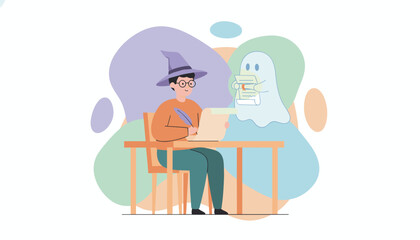 Fantasy writer with wizard hat and ghost muse crafting magical stories Imagination concept