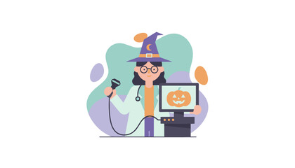 Doctor in witch hat performing ultrasound with Halloween pumpkin on monitor Festive medical concept
