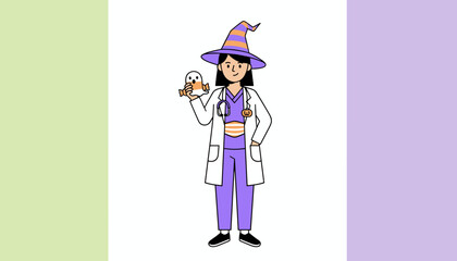 Doctor in witch hat holds ghost candy celebrating Halloween Fun festive healthcare concept