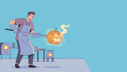 Smiling artisan crafting a glowing Halloween pumpkin Creative work festive spirit seasonal promotion